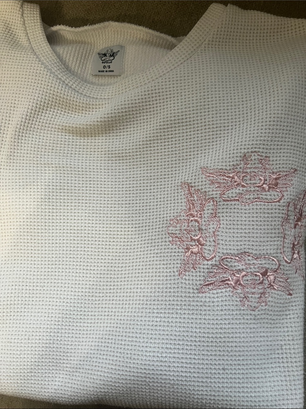 White Waffle Knit Top with Pink Floral Embroidery - BoysLie